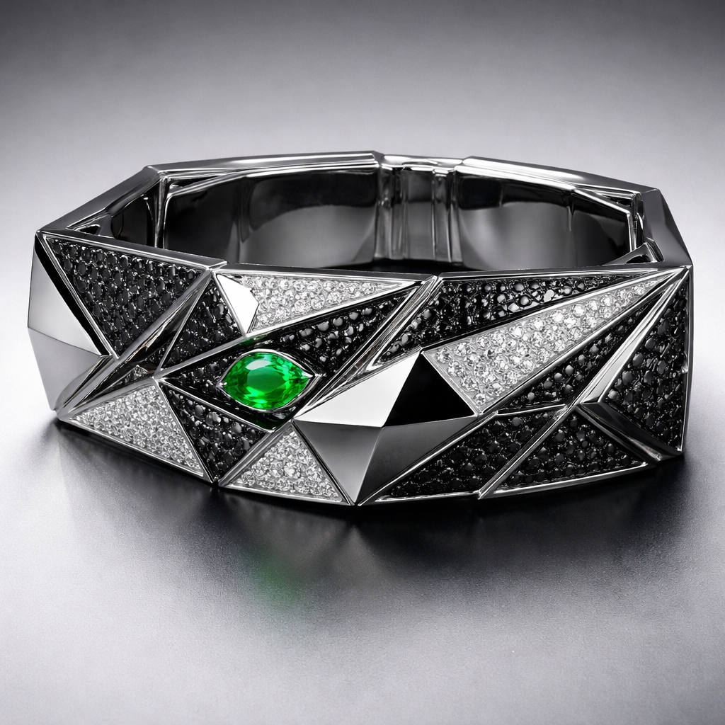 Geomatric pyramid sharp angles edgy angles bracelet or bangle for men of rectangular and sqaure shape of white and blcak diamonds of unique design and special shape and green eye