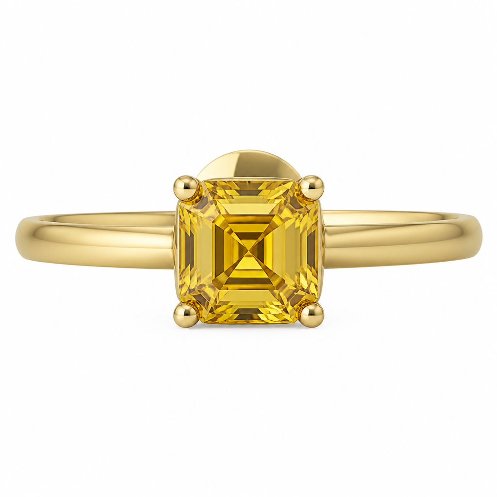 I have an asscher cut yellow sapphire that I want set into a 14k yellow gold button back (with four prongs) ring and a 3mm band
photorealistic jewelry design, I have an asscher cut yellow sapphire that I want set into a 14k yellow gold button back (with four prongs) ring and a 3mm band , modern style, just the design no text