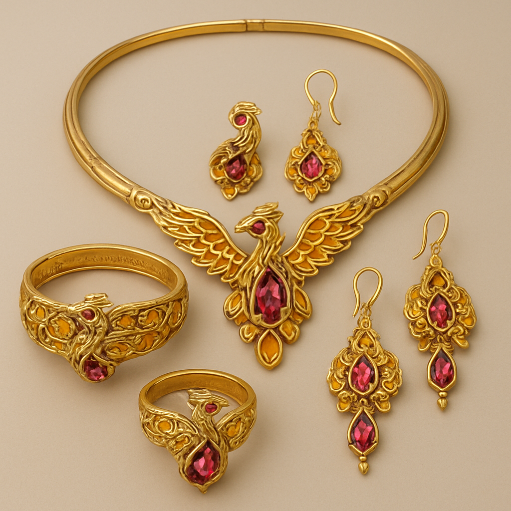 A full Ruby jewelry set including bracelet, earrings and rings with at least 10 citrine and topaz inlays with phoenix themes and an omega necklace