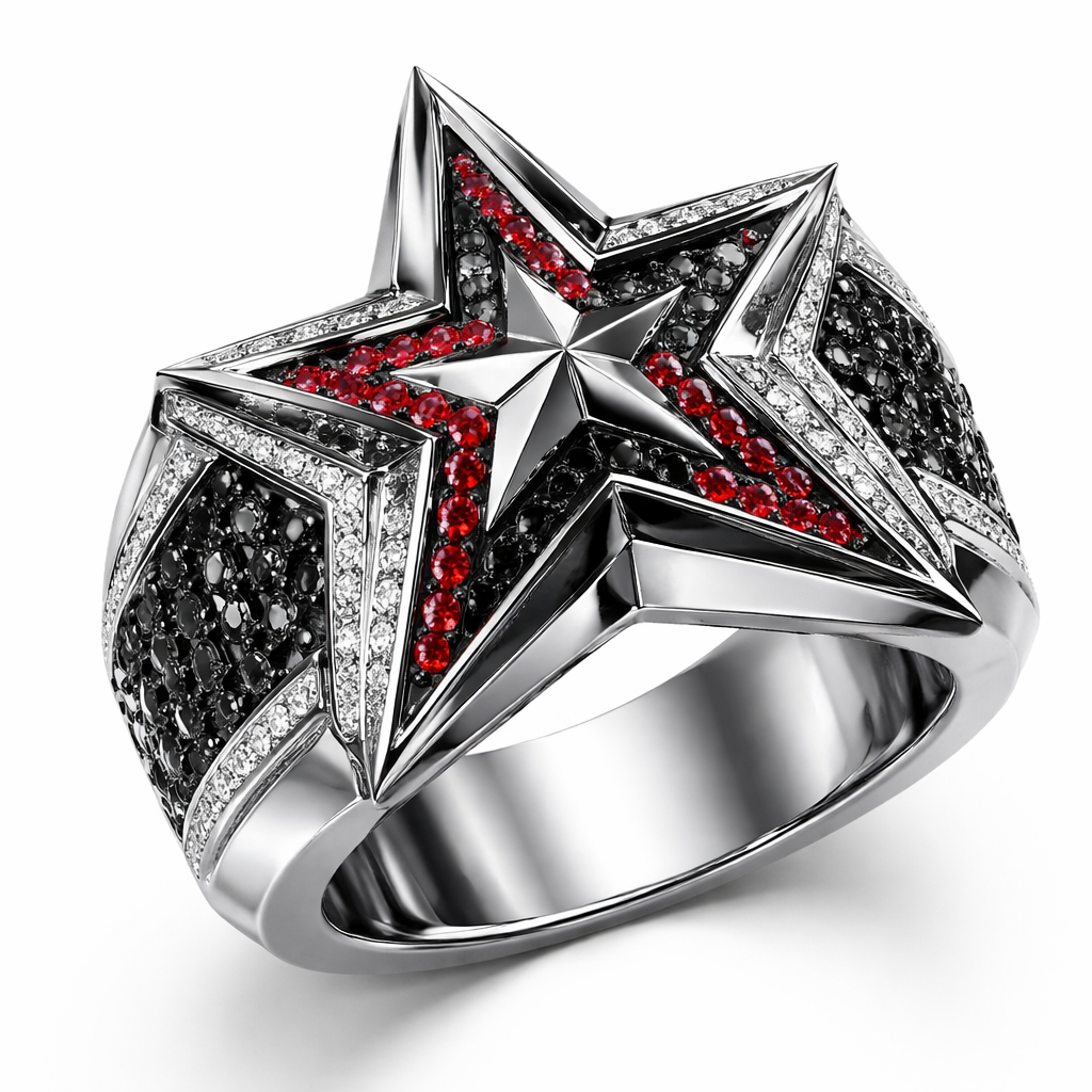 Modern Star ring of edgy and sharper edges Star of modern style Geomatric ring of edges and sharp bold shapes of edge of balck and white diamonds for men collection of white background adding red stones