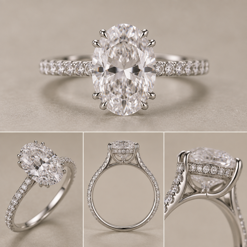 A women's ring. and oval diamond center stone with two claws on each side total 8 lion claws with a hidden halo and diamonds on the band
photorealistic jewelry design, A women's ring. and oval diamond center stone with two claws on each side total 8 lion claws with a hidden halo and diamonds on the band, modern style, just the design no text
