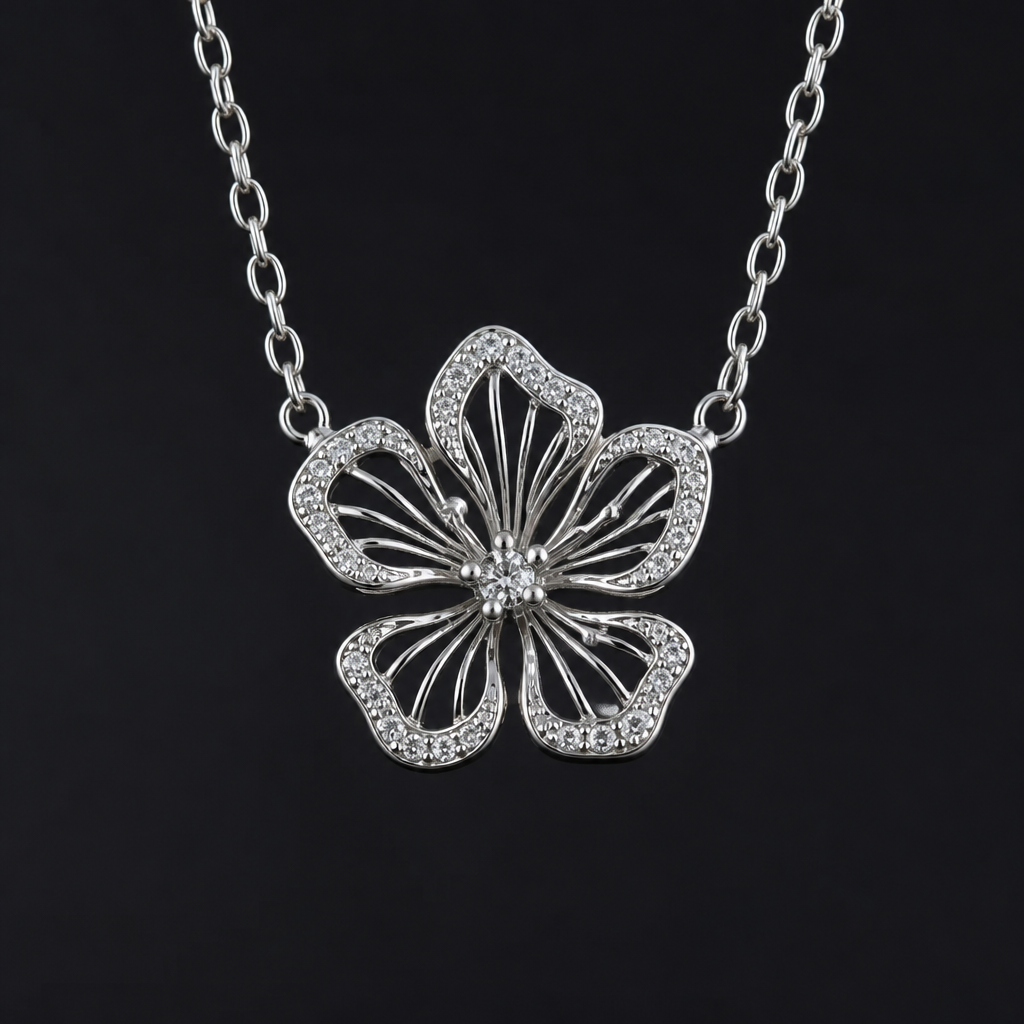 A women's necklace made of silver. hibicus ligne fine, (diamand d'un coté des petales vide, toutes les petales) et delicat ,3 tres petit diamand dans le milieu au bout de la tige interieur de la fleur vide, plus detail, 5 petales chaine de chaque coté, tige qui ne depasse la fleur,
photorealistic jewelry design, A women's necklace made of silver. hibicus ligne fine, (diamand d'un coté des petales vide, toutes les petales) et delicat ,3 tres petit diamand dans le milieu au bout de la tige interieur de la fleur vide, plus detail, 5 petales chaine de chaque coté, tige qui ne depasse la fleur,, modern style, just the design no text