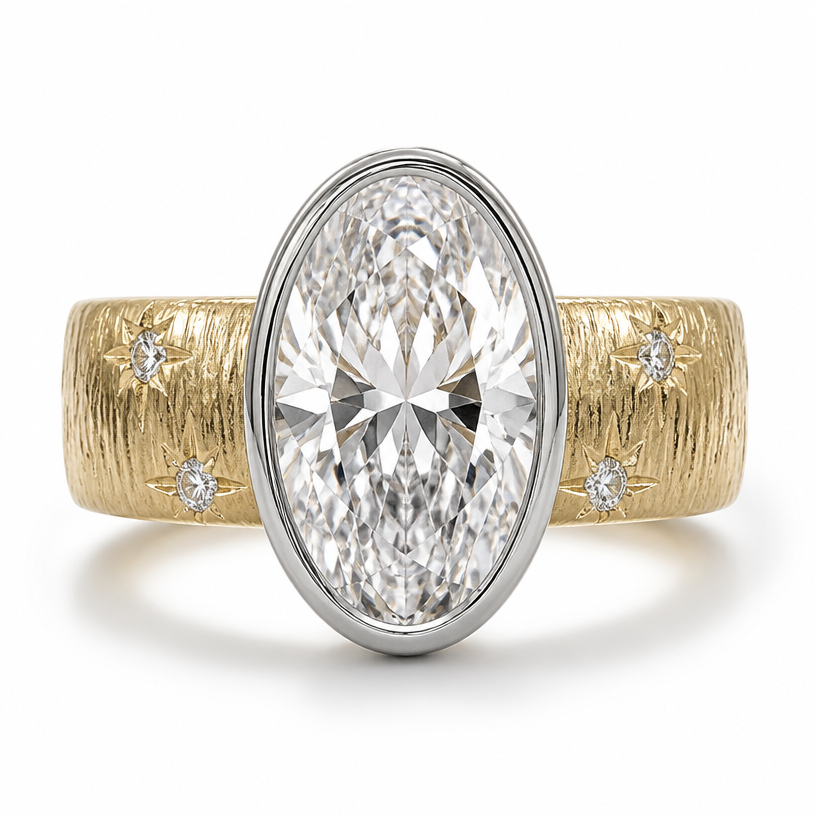 A women's ring. replace the marquise with a bigger and longer oval, and platinum bezel
using the attached image as a visual reference, create A women's ring. replace the marquise with a bigger and longer oval, and platinum bezel. photorealistic, just the design no text