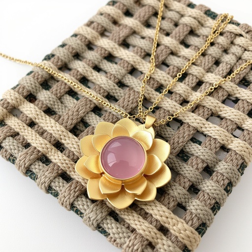 Золотая матовая цепочка. Подвеска матовая лотос шесть лепестков нижние лепестки крупнее верхних  не круглый . В сердце лотоса матовый розовый кварц овальный