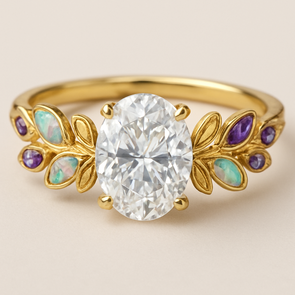 An engagement ring that has an oval lab diamond in the center with a leaf design for the band. The leaves should have a combo of opal and amethyst stones in them. 