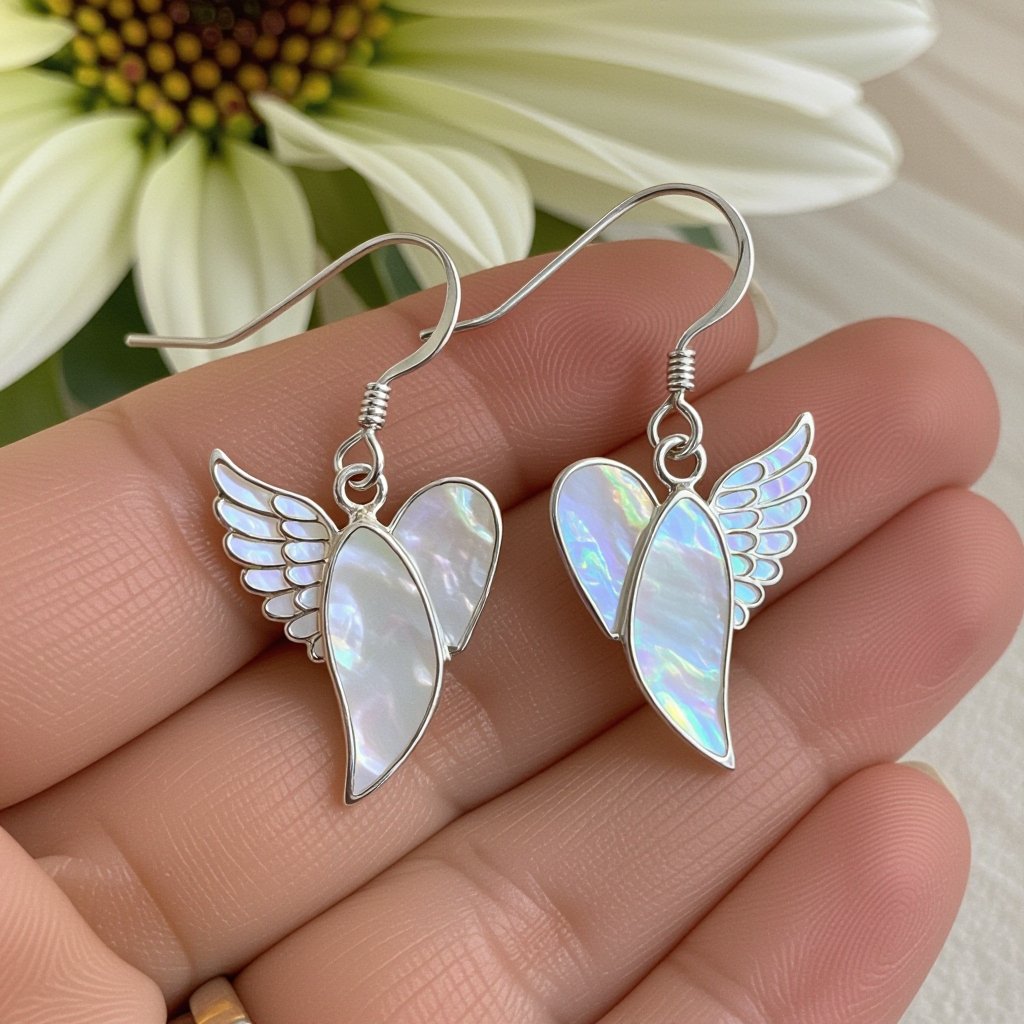 Серьги серебряные в виде белого крыла ангела из перламутра 