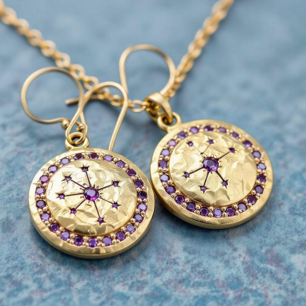 Серьги и кулон в одном стиле. Светлое матовое состаренное мятое золото. В окружности символ созвездия. Очень маленькие сиреневые камушки. 