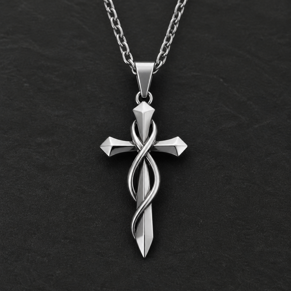A infinity men's necklace made of white gold suitable for gift. un collar de oro blanco para hombre tenga una una cruz en forma de espada
photorealistic jewelry design, A infinity men's necklace made of white gold suitable for gift. un collar de oro blanco para hombre tenga una una cruz en forma de espada, infinity style, just the design no text