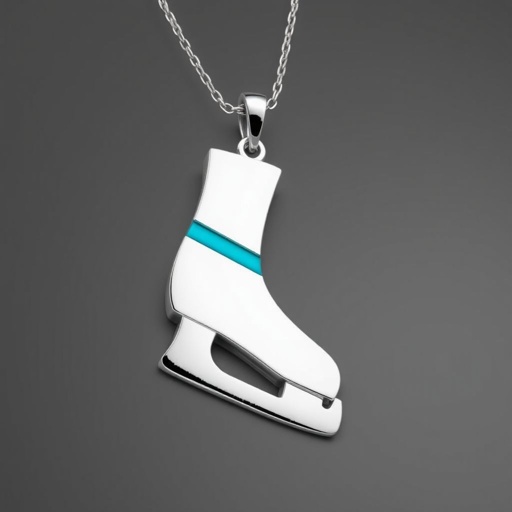 Silver pendant in the shape of ice skating blades with a turquoise stripe within the blade