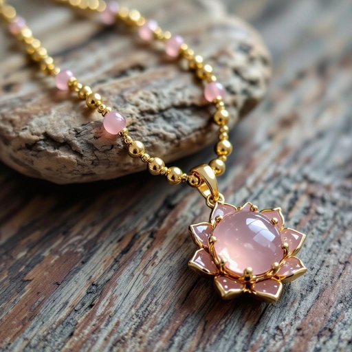 Цепочка из золота с золотыми мелкими шариками и мелкими из мелкого розового кварца посредине лотос от лотоса идут цепочки золотые вниз