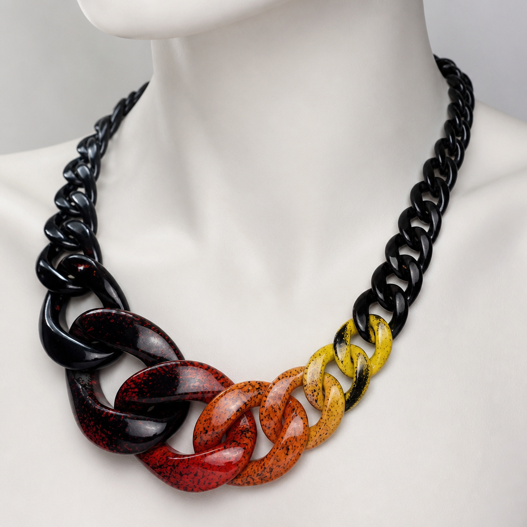 A women's necklace. create a chunky Cuban links style plastic necklace that is graduated and exaggerated in the first three links of colors inspired by poisonous snakes
photorealistic jewelry design, A women's necklace. create a chunky Cuban links style plastic necklace that is graduated and exaggerated in the first three links of colors inspired by poisonous snakes, modern style, just the design no text