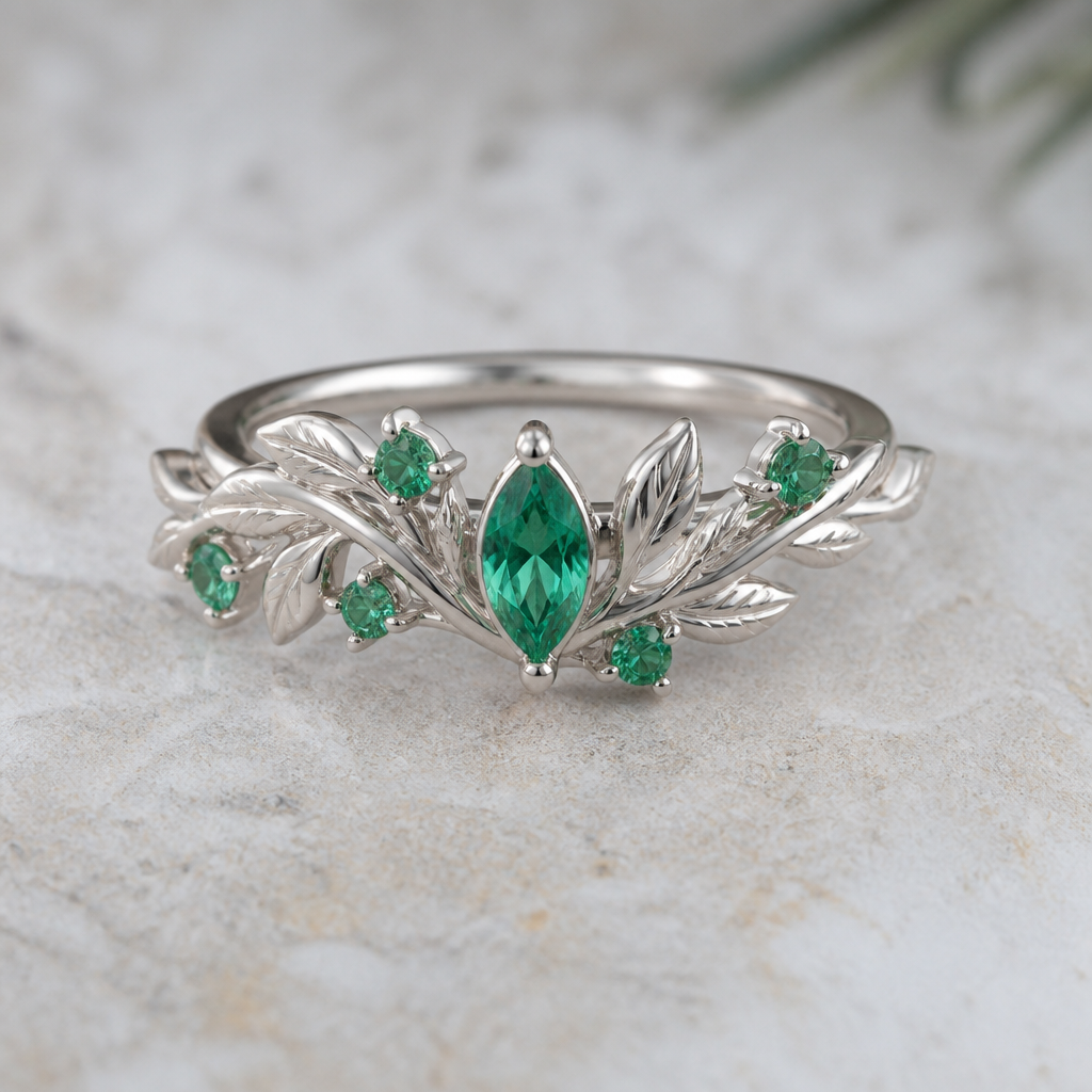 A nature women's ring made of silver with sapphire stones suitable for wedding. make a ladies ring use green zircon
photorealistic jewelry design, A nature women's ring made of silver with sapphire stones suitable for wedding. make a ladies ring use green zircon, nature_inspired style, just the design no text