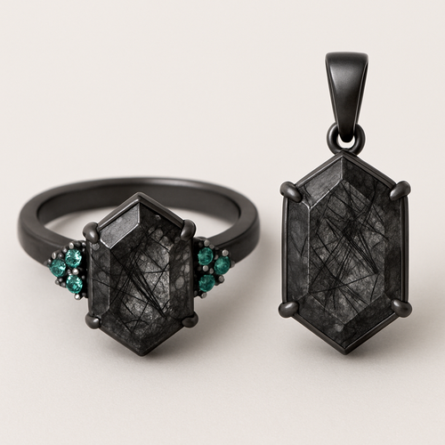 2pc set, Black band, medium long hexagon cut rutilated black quartz, emerald accent stones 3 on each side in a cluster 