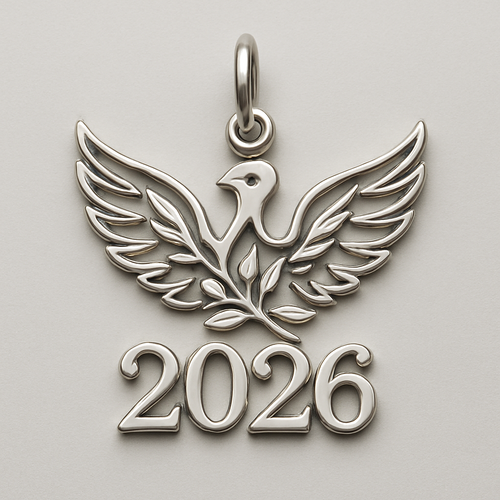Slim Silver cut-out charm blending together only the two spread out wings of a bird, an olive branch and  along year 2026