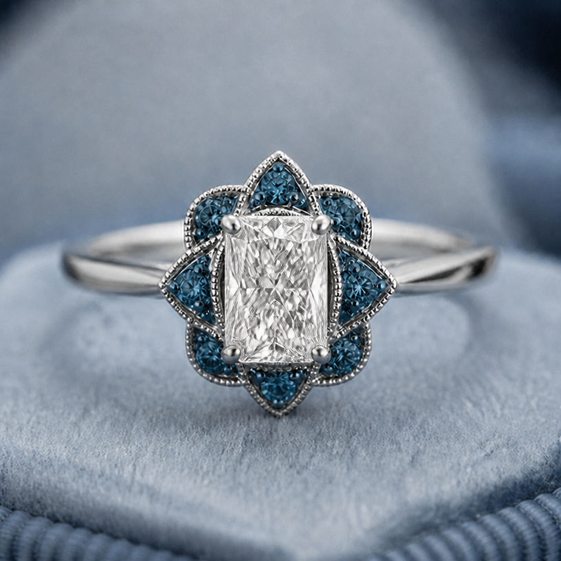 Change halo stones to teal sapphires
edit the attached jewelry design with these instructions: Change halo stones to teal sapphires. keep it photorealistic, just the design no text