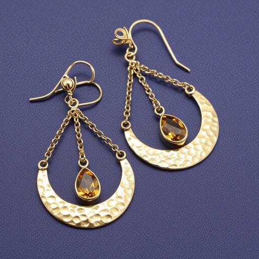 Золотые серьги полумесяц 3 см, сверху крепится к швензе. От полумесяца идет три цепочки золотого цвета, у каждой на конце камушек цитрит