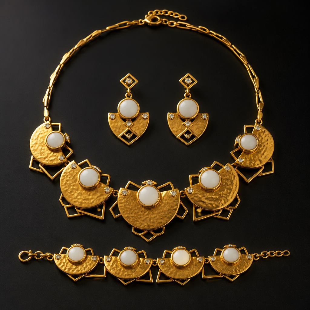 Prompt: Full jewelry suite made of authentic 21 karat gold. The set consists of a necklace, earrings, and a bracelet. Creative design blending semicircular gold plates with hollow geometric frames. Adorned with polished white agate and small sparkling white stones. High detail, luxury jewelry design, cinematic lighting, sharp focus on the textures of gold and white stones, isolated on a dark luxury background.
photorealistic jewelry design, Prompt: Full jewelry suite made of authentic 21 karat gold. The set consists of a necklace, earrings, and a bracelet. Creative design blending semicircular gold plates with hollow geometric frames. Adorned with polished white agate and small sparkling white stones. High detail, luxury jewelry design, cinematic lighting, sharp focus on the textures of gold and white stones, isolated on a dark luxury background., african style, just the design no text