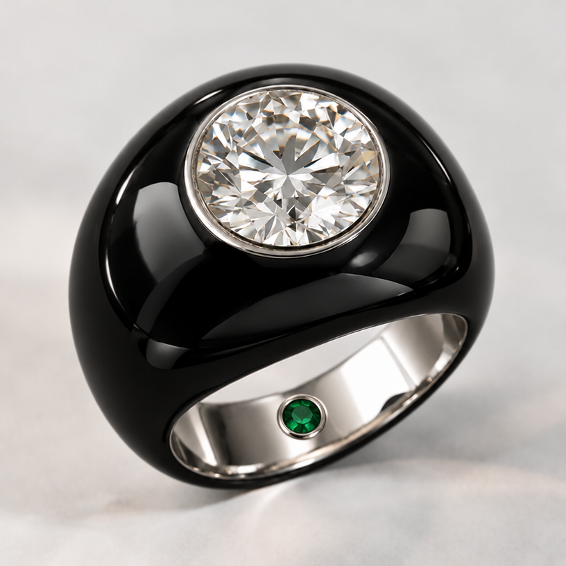 Pl show with black enamel along the outside of entire ring and a small emerald in the centre of the inside base of the ring
edit the attached jewelry design with these instructions: Pl show with black enamel along the outside of entire ring and a small emerald in the centre of the inside base of the ring. keep it photorealistic, just the design no text