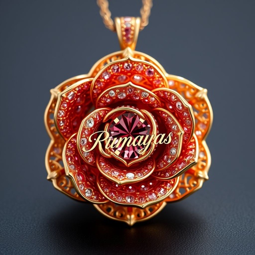Rose shape natural diamond fancy colours stone fixed on gold plated  written logo name “rumayas” can you design for me 