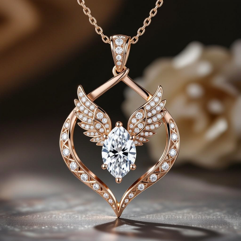 Geomatric architecture shapes whole diamond=1 wing, rose gold diamond Design a contemporary pendant featuring a single, large diamond shaped like a wing, symbolizing freedom and elegance. The diamond is elegantly set in a sleek, minimalist rose gold frame that accentuates its brilliance. The modern aesthetic is enhanced with clean lines and asymmetry, making it a striking statement piece for the avant-garde wearer.