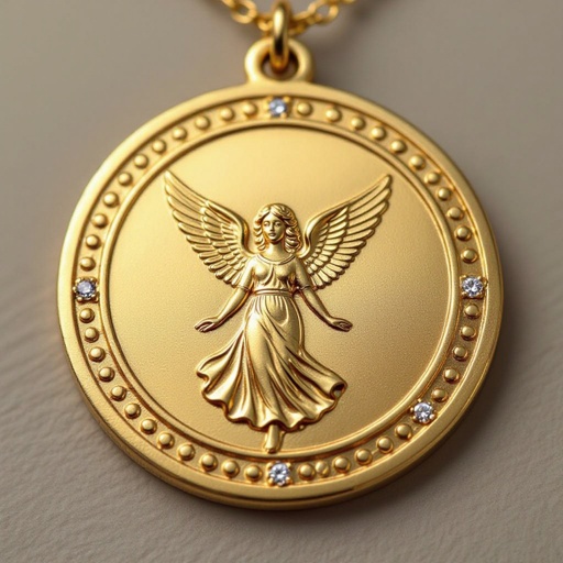 Золотой матовый медальон в форме круга с неровными краями. По краям выпуклые точки сплошной линией. На круге выгравирован ангел без фигуры, видно только крылья и украшен миниатюрными камнями