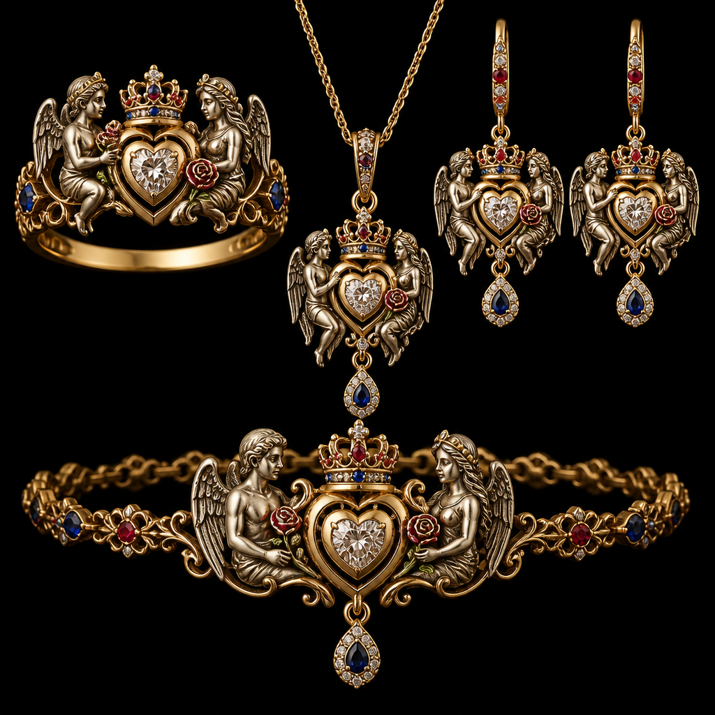 A vintage women's ring made of mixed metal with diamond and ruby and sapphire stones suitable for wedding. An extraordinary beautiful delicate elegant and excellent set of jewelry with a beautiful delicate and elegant ring, two ear rings, a pendant and a bracelet with a heart at the middle and a diamond in the middle of the heart over the heart to be placed a beautiful delicate and elegant queen crown with a diamond in the middle and rubies and sapphires all around the crown, with an extraordinary beautiful delicate and elegant female Angel with a beautiful delicate and elegant face with long hair holding a heart with Her right hand and a rose with Her left hand at the right side of the heart and an extraordinary beautiful delicate and elegant male Angel with an extraordinary beautiful delicate elegant and fit body with a beautiful delicate and elegant face with short hair holding a heart with His right hand and a rose with His left hand at the left side of the heat. Both Angels to be placed to all the items of the set. The Angels to be adult Angels at all the items of the set. The crown to be placed on the heart. at