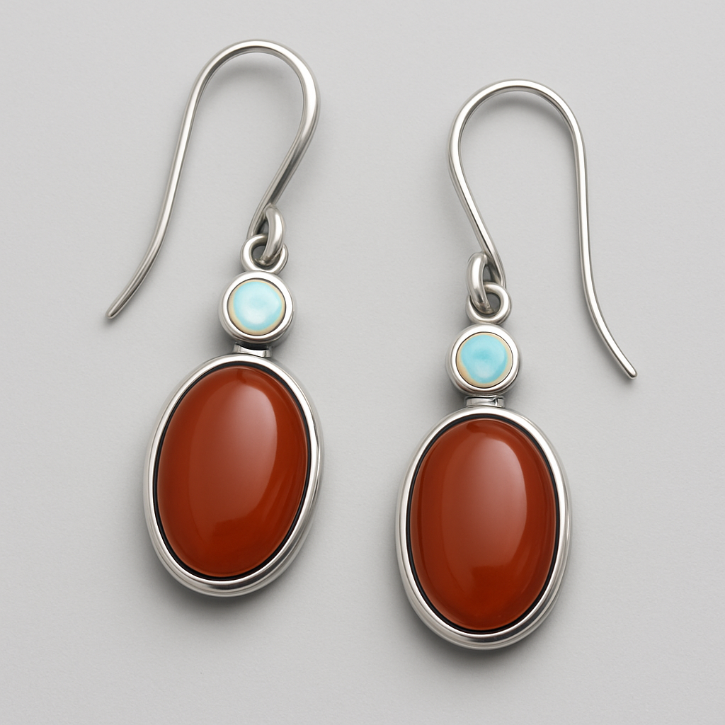 Carnelian oval stone, silver earrings with round opal accent