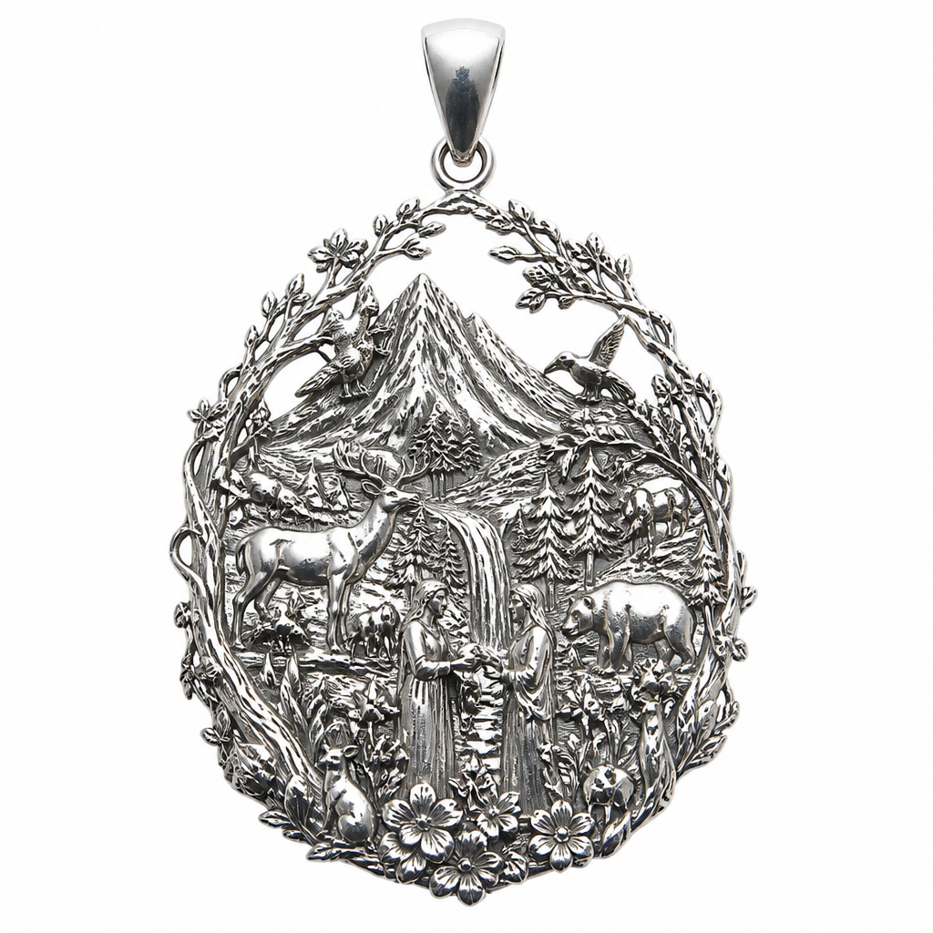 A minimalist women's pendant made of silver suitable for festival. An extraordinary excellent beautiful and delicate, super modern pendant with all the elements of nature, with all the animals, with all the plants and with all the flowers of the forest of the mountains, without stones, without background only the pendant, all the animals, plants, trees, flowers, women and men to be like statues.
photorealistic jewelry design, A minimalist women's pendant made of silver suitable for festival. An extraordinary excellent beautiful and delicate, super modern pendant with all the elements of nature, with all the animals, with all the plants and with all the flowers of the forest of the mountains, without stones, without background only the pendant, all the animals, plants, trees, flowers, women and men to be like statues., minimalist style, just the design no text