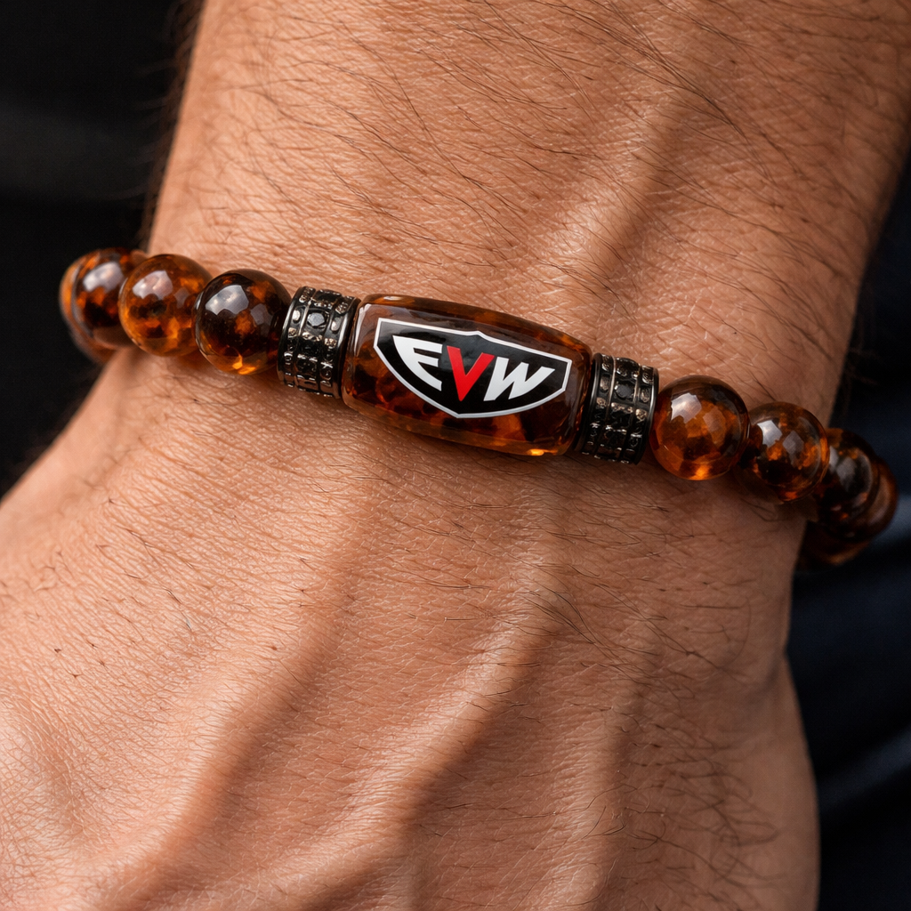 Do not use silver or gold and bracelet for man only amber stones small size EVW logo on the amber stone red and black and white colours arm