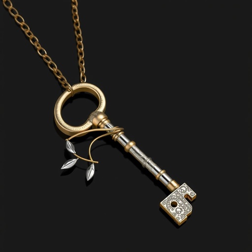 Old skeleton key shape gold and silver tones with olive branch turning on leg and keffieh print on the tip