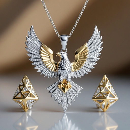 Create contemporary Geomatric modern eagle and wings with ring of architecture shape and voulume of complete set Design a contemporary pendant featuring a single, large diamond shaped like a wing, symbolizing freedom and elegance. The diamond is elegantly set in a sleek, minimalist rose gold frame that accentuates its brilliance. The modern aesthetic is enhanced with clean lines and asymmetry, making it a striking statement piece for the avant-garde wearer.