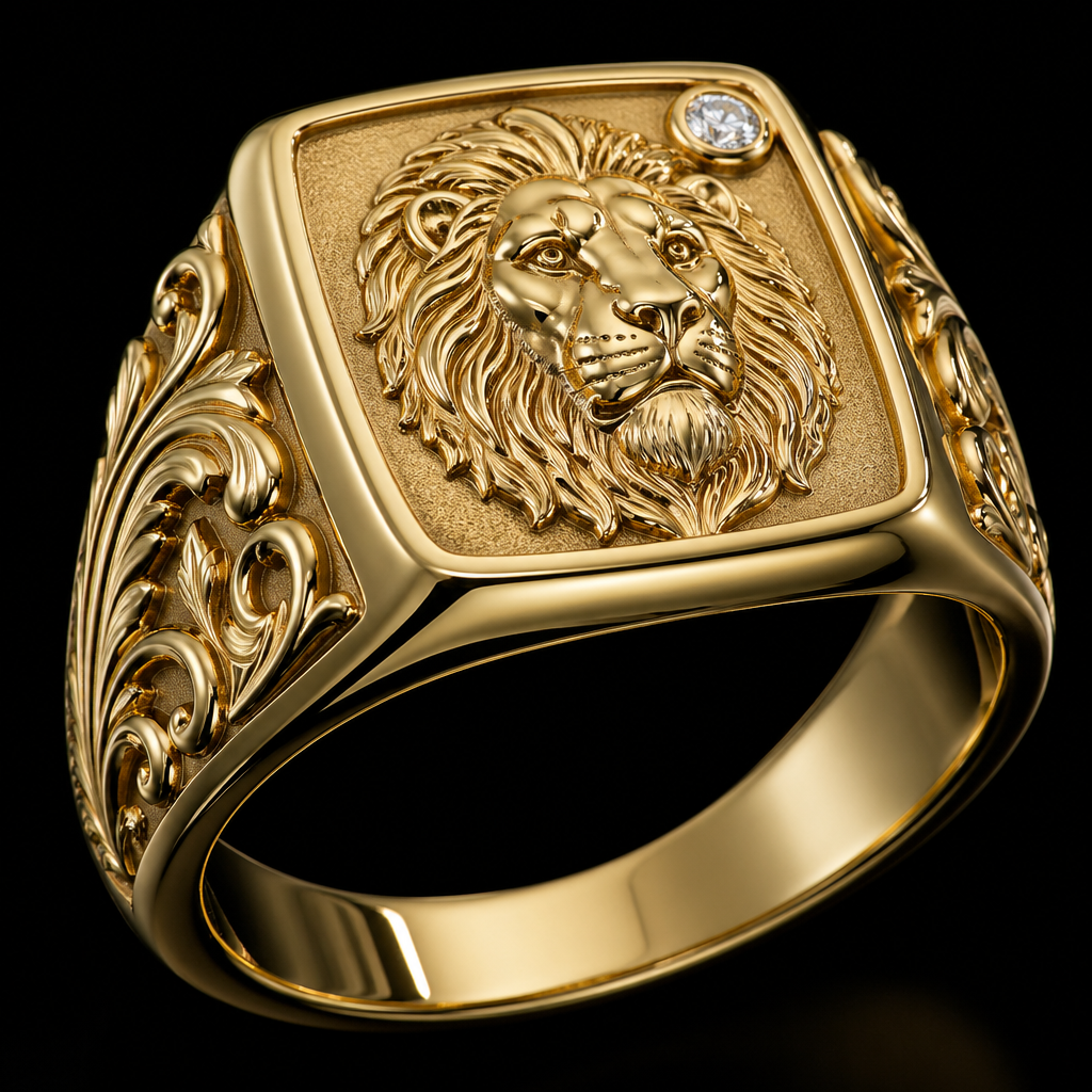 A luxury women's ring made of gold with diamond stones suitable for formal. Concave engraving of a lion motif
A diamond in the upper right corner
Acanthus leaves on the sides of the ring
Girdle dimensions: 14.5 x 14.4
Side width: 16 - 9.5 mm
Finger size: 22
Engraving inside: Barbara and Kamil, my strength
photorealistic jewelry design, A luxury women's ring made of gold with diamond stones suitable for formal. Concave engraving of a lion motif
A diamond in the upper right corner
Acanthus leaves on the sides of the ring
Girdle dimensions: 14.5 x 14.4
Side width: 16 - 9.5 mm
Finger size: 22
Engraving inside: Barbara and Kamil, my strength, luxury style, just the design no text