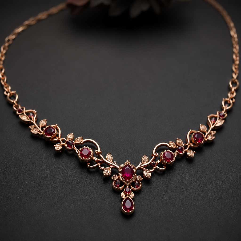 A vintage women's necklace made of rose gold with ruby stones suitable for daily wear
photorealistic jewelry design, A vintage women's necklace made of rose gold with ruby stones suitable for daily wear, vintage style, just the design no text