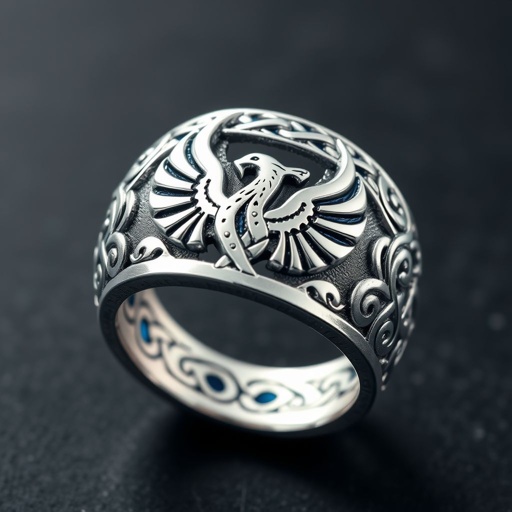 A silver segnit ring with a Celtic phoenix symbol on it 