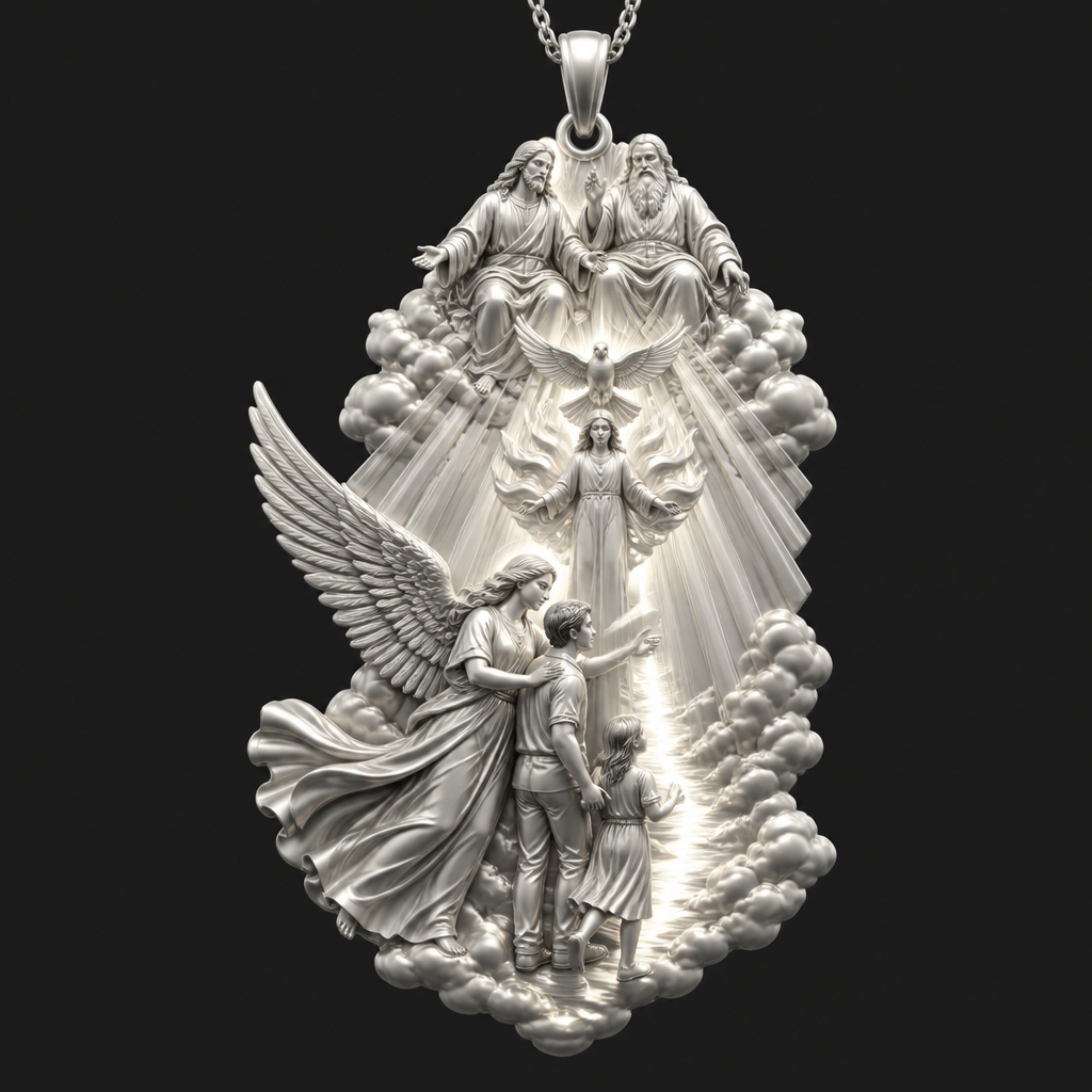 A modern women's pendant made of silver suitable for festival. An extraordinary excellent beautiful delicate and elegant pendant with the Guardian Angel with a beautiful delicate and elegant face, with long hair, with big wings flying, with a beautiful delicate elegant and with beautiful curves at her body, with a beautiful delicate and elegant tunic holding a child and an adult with its hands protecting them and guiding them on the way of the Holy Trinity. Sawing the way of the Holy Trinity in front of them God the Father, God the Son and God the Holy Spirit, the Holy Spirit to be as an Angel with a dove under the Angel surrounded by tongues of fire radiating light to the persons and the Guardian Angel, without the surrounding metals of the pendant. All the persons and the surrounding area to be 3D like statues. With less metal of the pendant and more accurate persons and only the persons and the clouds and the rayes of light.