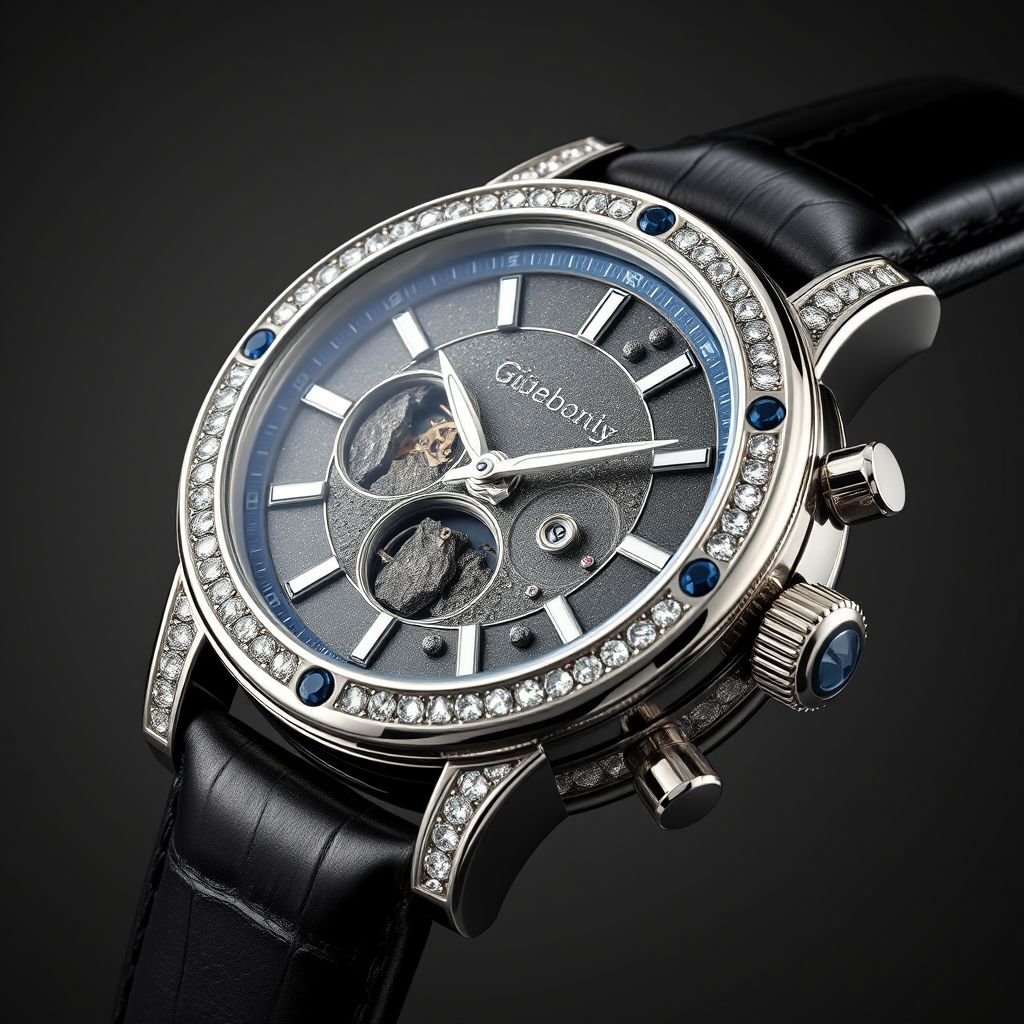 Create a male watch made of white gold, Gibeon meteorite,sapphire crystals
Design a luxurious male watch that exemplifies opulence, featuring a meticulously crafted white gold casing adorned with shimmering sapphire crystals. The intricate dial, inset with rare Gibeon meteorite fragments, captures the essence of the cosmos, while a supple black leather strap enhances sophistication, making this timepiece a statement of timeless elegance and prestige.