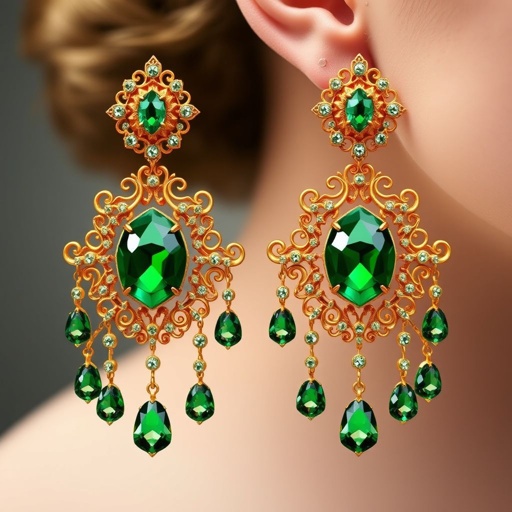 Heavy earrings golden and green diamonds