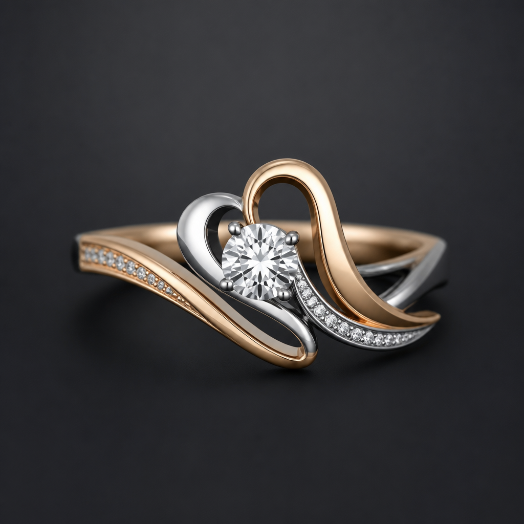 A abstract women's ring made of mixed metal with diamond stones suitable for festival. An extraordinary excellent beautiful delicate and elegant solitaire women ring. Face of the ring.
photorealistic jewelry design, A abstract women's ring made of mixed metal with diamond stones suitable for festival. An extraordinary excellent beautiful delicate and elegant solitaire women ring. Face of the ring., abstract style, just the design no text