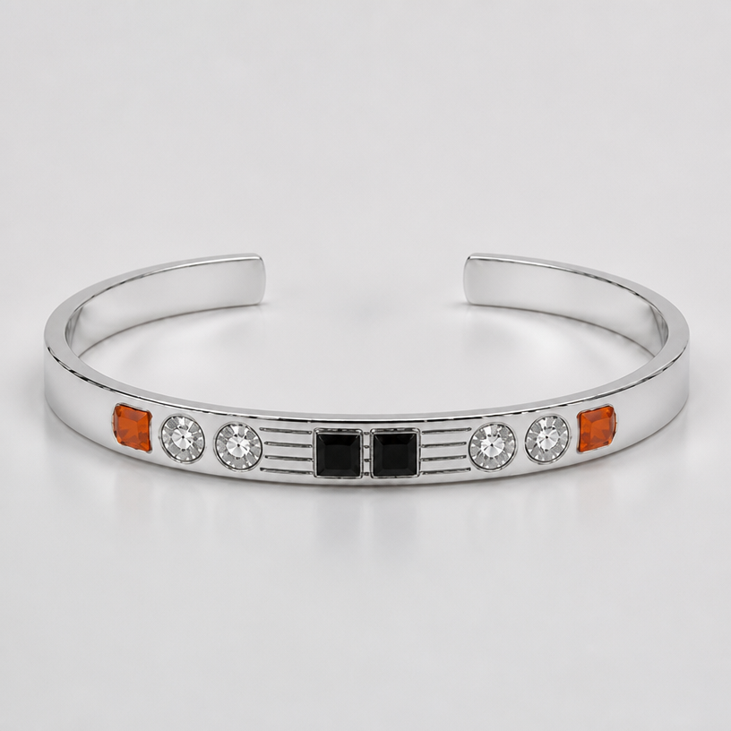 A women's bracelet made of silver. the lines are 4 not 3
using the attached image as a visual reference, create A women's bracelet made of silver. the lines are 4 not 3. photorealistic, just the design no text