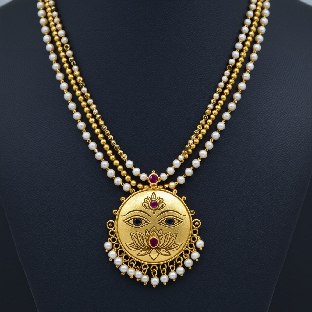 Кулон на длинной цепочке. Матовое светлое золото. В цепочке небольшие золотые шарики и жемчуг. Кулон в виде двух глаз над ними лотос с маленьким красным камнем внутри узоры завитушки 