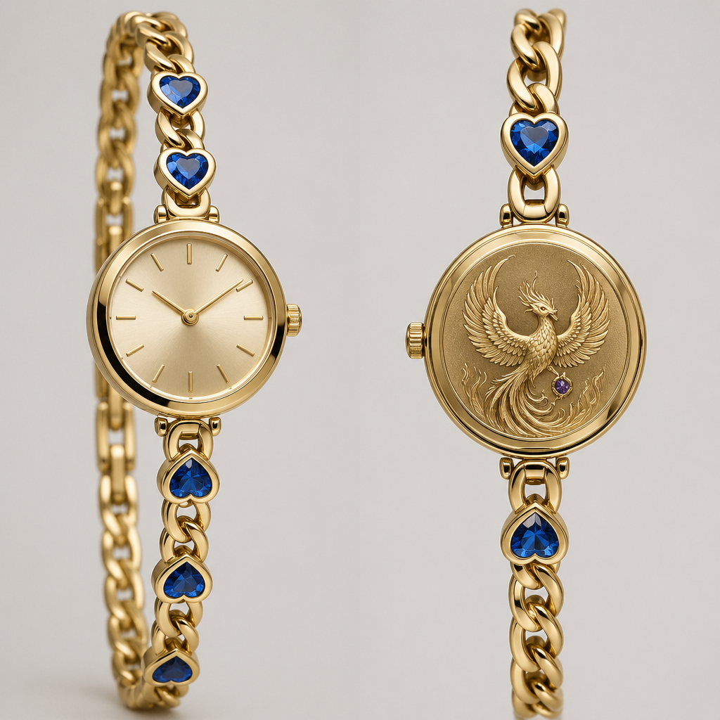 A minimalist women's watch made of gold with sapphire stones suitable for daily wear. com fio mais robusto mas elegante, em ouro, com 7 corações com pedra saphire azul, espaçados entre si 0,05mm, a joia em si, no fundo do relógio, uma fenix segurando gentilmente uma pedra pequena amethyst. um relógio simples, elegante, discreto para usar no dia a dia com um toque de charme e poder
photorealistic jewelry design, A minimalist women's watch made of gold with sapphire stones suitable for daily wear. com fio mais robusto mas elegante, em ouro, com 7 corações com pedra saphire azul, espaçados entre si 0,05mm, a joia em si, no fundo do relógio, uma fenix segurando gentilmente uma pedra pequena amethyst. um relógio simples, elegante, discreto para usar no dia a dia com um toque de charme e poder, minimalist style, just the design no text