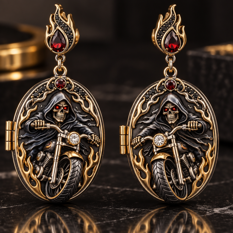 A locket women's earrings made of mixed metal suitable for party, detailed and decorative, moderately ornate. reaper on a motorcycle
using the attached image as a visual reference, create A locket women's earrings made of mixed metal suitable for party, detailed and decorative, moderately ornate. reaper on a motorcycle. photorealistic, just the design no text