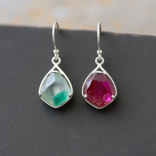 Earring, silver mininul, raw natural gemstone, elegant
