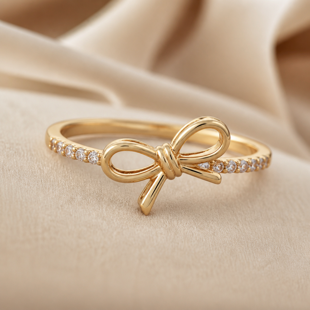 A minimalist women's ring made of gold with diamond stones suitable for gift, detailed and decorative, moderately ornate. ring with the aesthetic ribbon design and the ribbon is tilting to right a bit. the ring goes around the ribbon not under the ribbon. the ribbon is tied like a double knot and the ribbon has two same size loops. the gemstone is place around the ring but not fully and at the ribbon doesn't have a gemstone . gemstone is in small size
photorealistic jewelry design, A minimalist women's ring made of gold with diamond stones suitable for gift, detailed and decorative, moderately ornate. ring with the aesthetic ribbon design and the ribbon is tilting to right a bit. the ring goes around the ribbon not under the ribbon. the ribbon is tied like a double knot and the ribbon has two same size loops. the gemstone is place around the ring but not fully and at the ribbon doesn't have a gemstone . gemstone is in small size, minimalist style, just the design no text