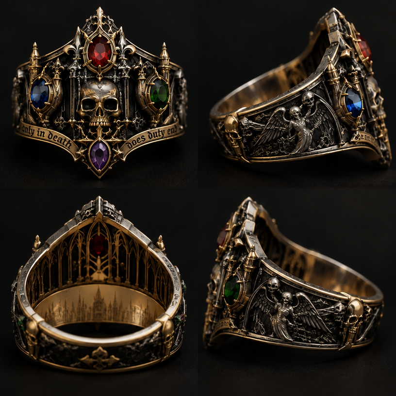 Add the engraving “only in death does duty end” and add a fourth purple stone below the skull
edit the attached jewelry design with these instructions: Add the engraving “only in death does duty end” and add a fourth purple stone below the skull. keep it photorealistic, just the design no text