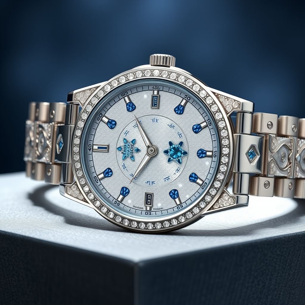 Create a male watch made of Lunar Dust,Platinum, Blue Sapphire Crystal
Design a luxury men’s watch that exudes opulence, featuring a sleek case crafted from ethereal Lunar Dust infused with shimmering Platinum accents. Adorn the dial with radiant Blue Sapphire Crystals, reflecting a celestial glow. Incorporate intricate detailing on the band, showcasing superior craftsmanship and a refined, masculine aesthetic for discerning individuals.