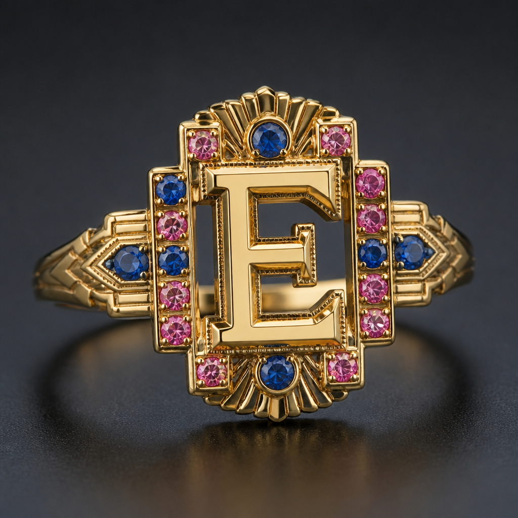 A art deco women's ring made of gold, detailed and decorative, moderately ornate. um anel de 15 anos com inicial E com pedrinhas azul e pedrinhas rosa em volta
photorealistic jewelry design, A art deco women's ring made of gold, detailed and decorative, moderately ornate. um anel de 15 anos com inicial E com pedrinhas azul e pedrinhas rosa em volta, art_deco style, just the design no text