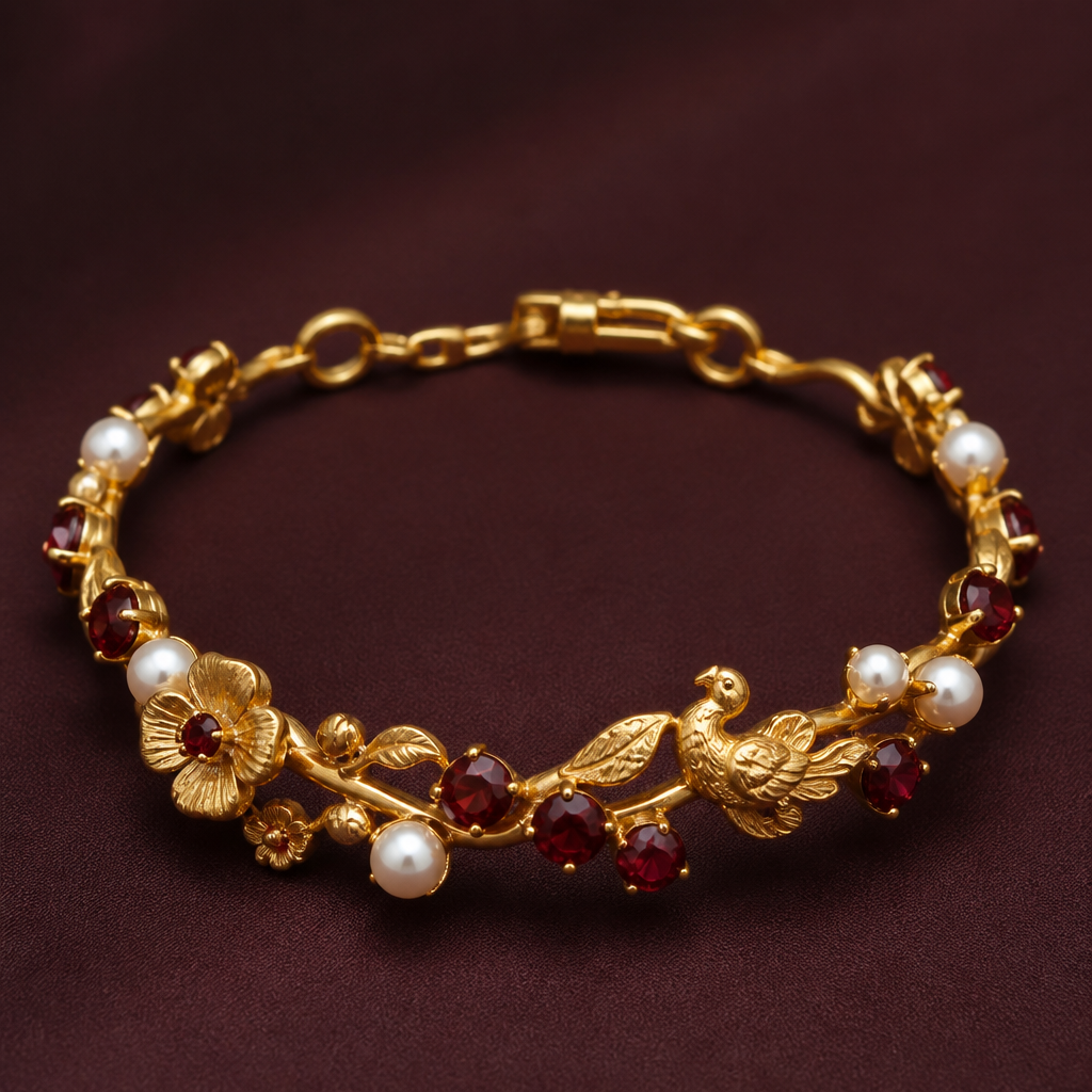 A asian-inspired women's bracelet made of gold with pearl and garnet stones suitable for anniversary
photorealistic jewelry design, A asian-inspired women's bracelet made of gold with pearl and garnet stones suitable for anniversary, asian_inspired style, just the design no text