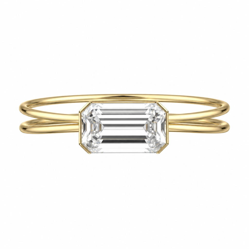 A 10ct emerald cut clear diamond that is east west on a ring. The ring is double banded and the bands are extremely thin and a 1/5 inch apart. The bands widths get smaller as they approach the stone. The stone hangs over the bands by 1/3 of its size on the top and bottom. All of the metal is yellow gold.
photorealistic jewelry design, A 10ct emerald cut clear diamond that is east west on a ring. The ring is double banded and the bands are extremely thin and a 1/5 inch apart. The bands widths get smaller as they approach the stone. The stone hangs over the bands by 1/3 of its size on the top and bottom. All of the metal is yellow gold., minimalist style, just the design no text
