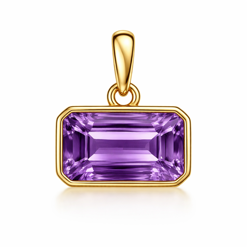 A pendant charm with a 3 carat emerald cut amethyst in a bezel setting set east west with plain gold bale on top in yellow gold
